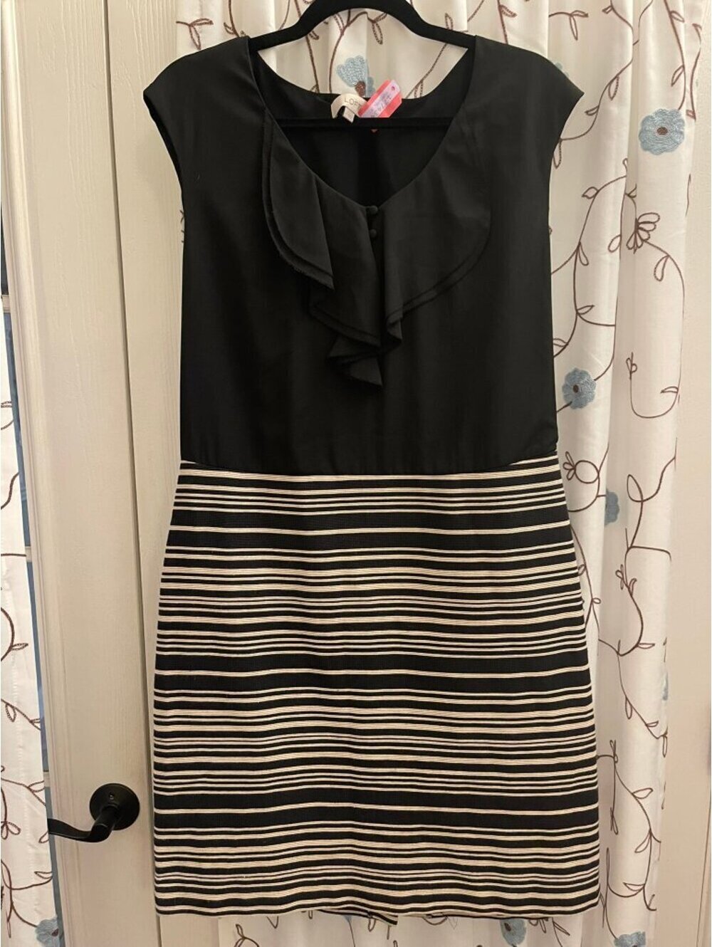 New With Tags | LOFT | 12 | Ann Taylor Black ruffle neck striped sheath dress - Picture 2 of 9